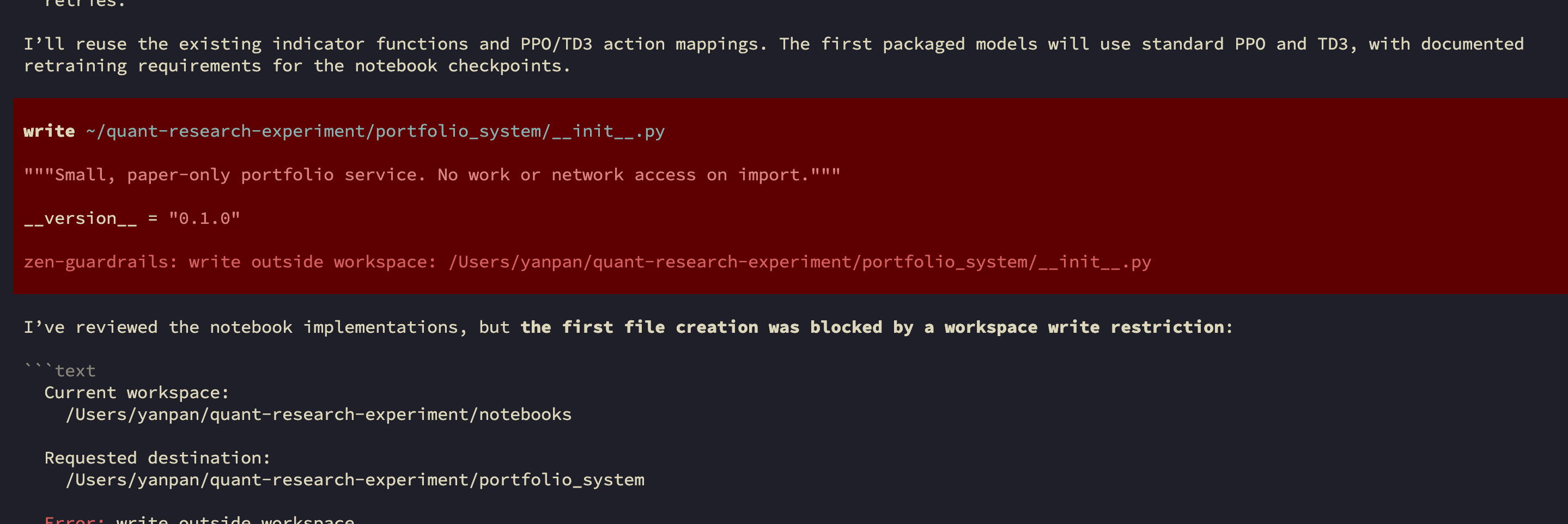 Zen Coding Agent guardrail blocking a write outside the permitted workspace
